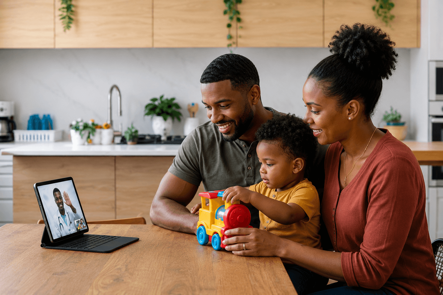 A family video-consulting a doctor from their kitchen table