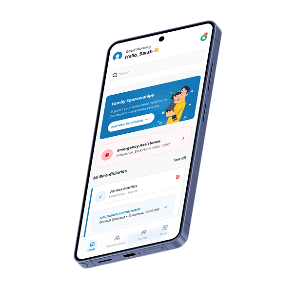 The ITHS Sponsor App home screen, showing family sponsorships, emergency assistance, and a beneficiary's upcoming appointment